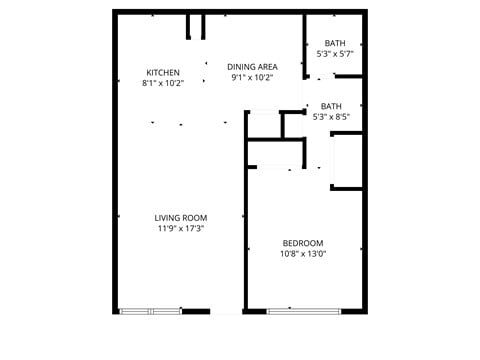 Floor plan for 1 bed, 1 bath, 625 sqft